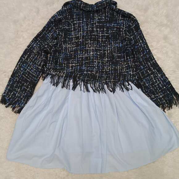 Zara Basic Women's Blue Black Tweed Fringe Poplin Tunic Top Blouse Collared - Picture 3 of 8